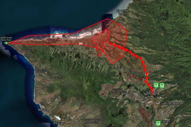 Mapa de la zona de evacuación en respuesta al riesgo de falla de una presa en medio de lluvias torrenciales en Oahu, Hawaii, el 20 de marzo de 2026. (Captura de pantalla/Agencia de Gestión de Emergencias de Hawái)