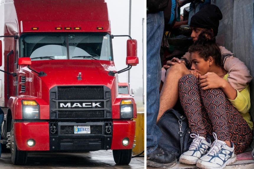 Imagen ilustrativa: Izq. Trailer Brandon Bell/Getty Images) Der. Migrantes —en su mayoría hondureños— que se dirigen en caravana hacia los Estados Unidos, viajan en la parte trasera de un camión en la carretera de La Ventosa a Matías Romero, Estado de Oaxaca, México, el 1 de noviembre de 2018. (GUILLERMO ARIAS/AFP via Getty Images)