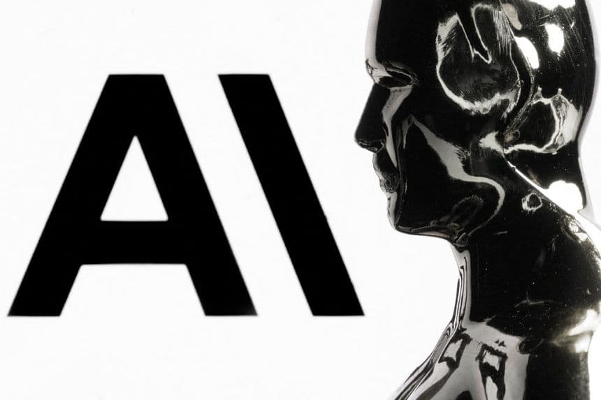 Esta fotografía muestra una figurita frente al logotipo de Anthropic, la empresa estadounidense dedicada a la investigación y la seguridad en materia de inteligencia artificial, durante una sesión fotográfica celebrada en París, el 13 de febrero de 2026. (Joel Saget/AFP vía Getty Images)