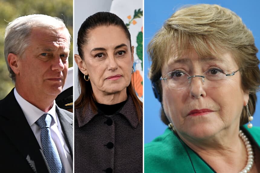 Imagen ilustrativa: De Izq. a Dcha. Presidente de Chile Jose Antonio Kast ( Rodrigo ARANGUA/AFP via Getty Images); Presidenta de México Claudia Sheinbaum (Yuri CORTEZ / AFP vía Getty Images); y expresidenta de Chile Michelle Bachelet (Sean Gallup/Getty Images)