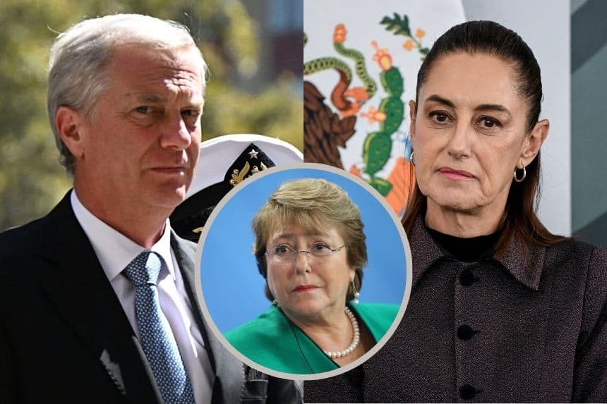 Imagen ilustrativa: Izq. Presidente de Chile Jose Antonio Kast ( Rodrigo ARANGUA/AFP via Getty Images); Der. Presidenta de México Claudia Sheinbaum (Yuri CORTEZ / AFP vía Getty Images); Centro, expresidenta de Chile Michelle Bachelet (Sean Gallup/Getty Images)