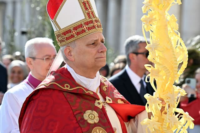 El papa León XIV llega para oficiar una misa con motivo del Domingo de Ramos en la plaza de San Pedro, en el Vaticano, el 29 de marzo de 2026. (Tiziana FABI / AFP vía Getty Images)