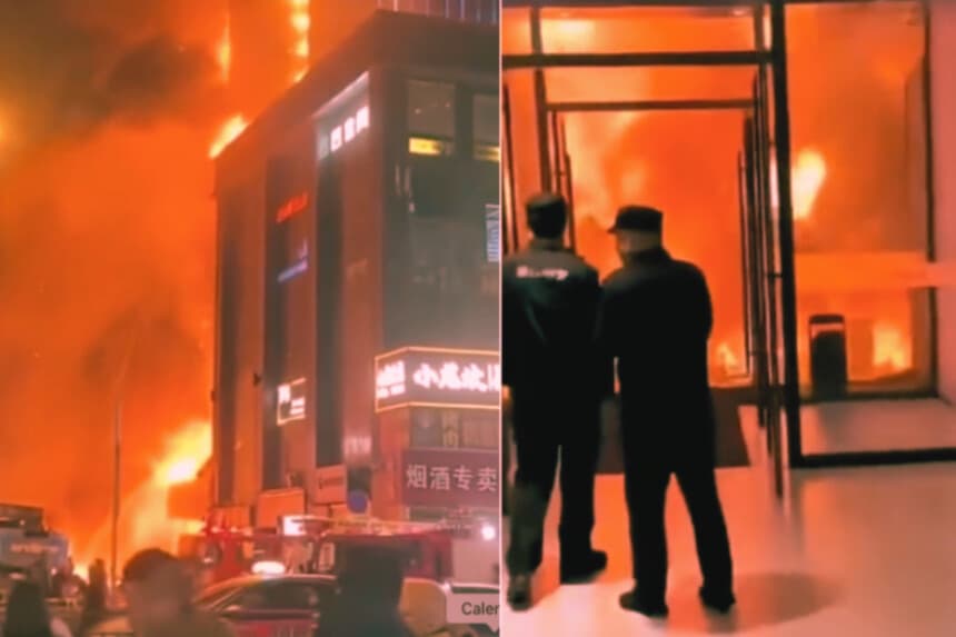 Incendio en un rascacielos cerca de la calle Qinxian North, en el distrito de Xiaodian, Taiyuan (China), el 28 de marzo de 2026. (Captura de pantalla de video de The Epoch Times).