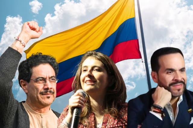 Izq.: El candidato presidencial por el partido Pacto Histórico, Iván Cepeda, durante un mitin de campaña en Bogotá, el 3 de febrero de 2026. (Alejandro GONZÁLEZ / AFP vía Getty Images); Centro: Paloma Susana Valencia Laserna del partido político Centro Democrático el 20 de noviembre 2017. (Centro Democrático/CC BY-SA 2.0); Der: El candidato presidencial del movimiento "Defensores de la Patria" Abelardo de la Espriella el 7 de abril de 2026. (Captura de pantalla de EFE); Fondo: Bandera de Colombia (Pixabay/ Johan_Benitez99co)