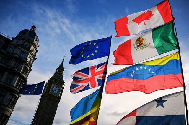 Las banderas de (arriba, en el sentido de las agujas del reloj) la Unión Europea, Canadá, México, Venezuela, Panamá, Groenlandia (abajo a la izquierda), Ucrania y el Reino Unido ondean al viento mientras las exhiben los manifestantes en la calle frente al Parlamento, en el centro de Londres, el 7 de enero de 2026. (JUSTIN TALLIS / AFP vía Getty Images)