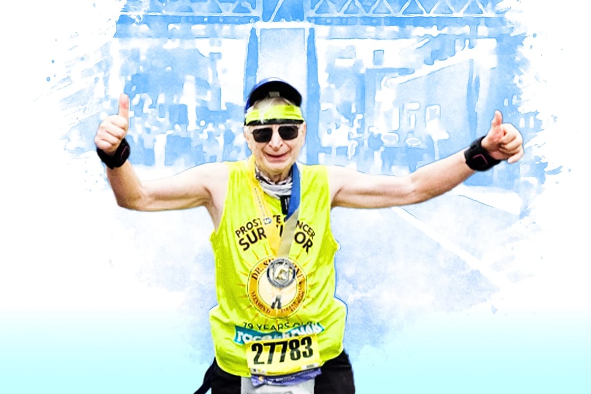 El Dr. Michael F. Holick cruza la línea de meta del Maratón de Boston. (Cortesía de Kim Chisholm)