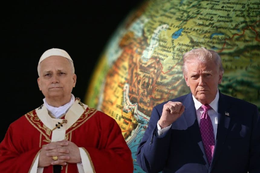 Composición de The Epoch Times. I: El papa León XIV oficia en el Vaticano, el 29 de marzo de 2026. (Foto de Tiziana FABI / AFP vía Getty Images); El presidente de EE. UU., Donald Trump, antes de abordar el Air Force One el 10 de abril de 2026 en la Base Conjunta Andrews, Maryland. (Win McNamee/Getty Images); Fondo: (Pixabay/ Peggy_Marco)