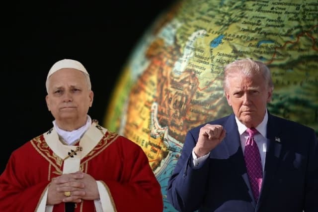 Composición de The Epoch Times. I: El papa León XIV oficia en el Vaticano, el 29 de marzo de 2026. (Foto de Tiziana FABI / AFP vía Getty Images); El presidente de EE. UU., Donald Trump, antes de abordar el Air Force One el 10 de abril de 2026 en la Base Conjunta Andrews, Maryland. (Win McNamee/Getty Images); Fondo: (Pixabay/ Peggy_Marco)