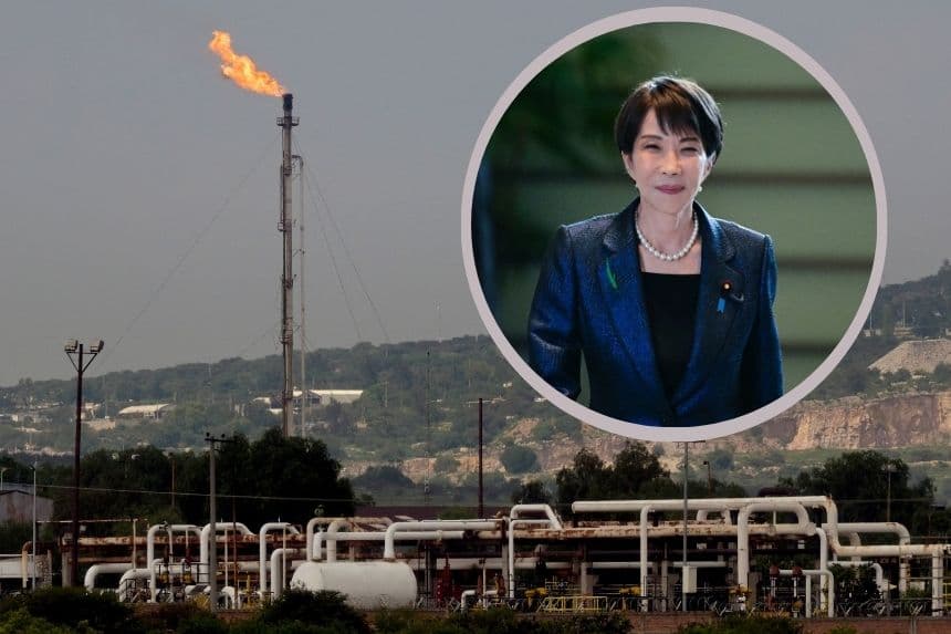 Imagen ilustrativa. Fondo: Esta vista muestra una sección de la planta termoeléctrica y refinería de Pemex en Tula de Allende, estado de Hidalgo, México, el 6 de agosto de 2024. (ALFREDO ESTRELLA/AFP vía Getty Images). Circulo: Primera Ministra de Japón Sanae Takaichi (Philip FONG / POOL / AFP vía Getty Images)