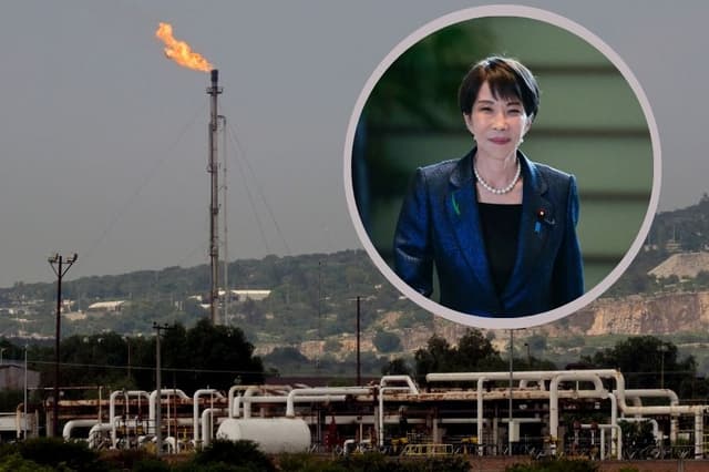 Imagen ilustrativa. Fondo: Esta vista muestra una sección de la planta termoeléctrica y refinería de Pemex en Tula de Allende, estado de Hidalgo, México, el 6 de agosto de 2024. (ALFREDO ESTRELLA/AFP vía Getty Images). Circulo: Primera Ministra de Japón Sanae Takaichi (Philip FONG / POOL / AFP vía Getty Images)