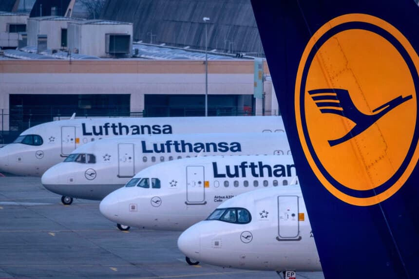 Aviones de Lufthansa estacionados en el aeropuerto de Fráncfort, Alemania el 7 de marzo de 2024. (Michael Probst/AP Photo).