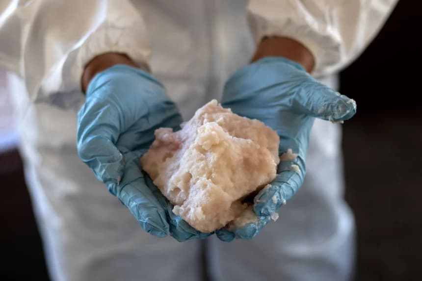 Imagen ilustrativa: Un experto del Ejército mexicano muestra pasta de metanfetamina en un laboratorio clandestino cerca de la localidad de La Rumorosa, en Tecate (estado de Baja California, México), el 28 de agosto de 2018. (Guillermo Arias/AFP vía Getty Images)