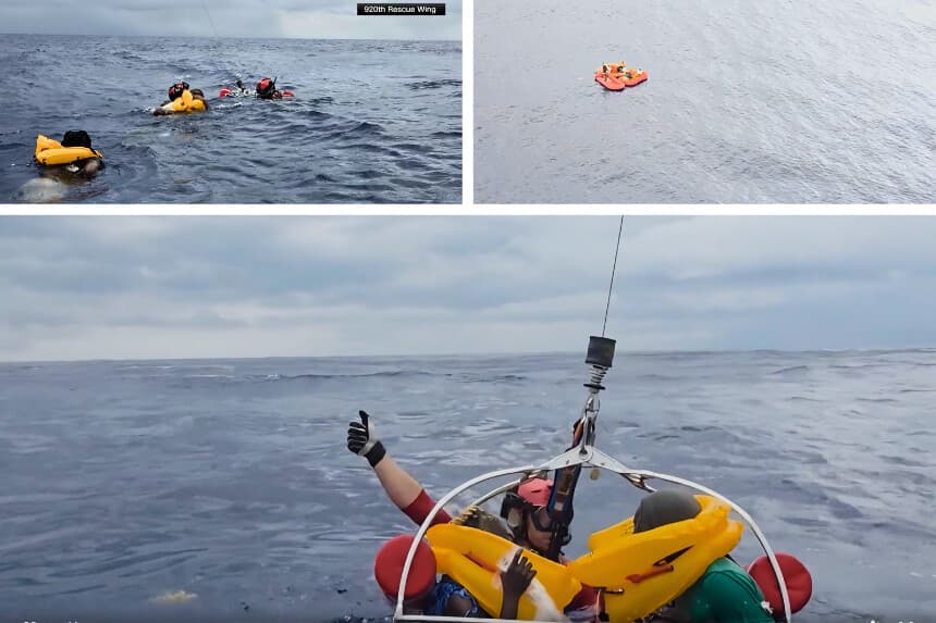 Operación de rescate de los supervivientes de un avión accidentado frente a la costa de Melbourne, Florida el 12 de mayo de 2026, en un fotograma de un video. (920.ª Ala de Rescate/Fuerza Aérea de los Estados Unidos).