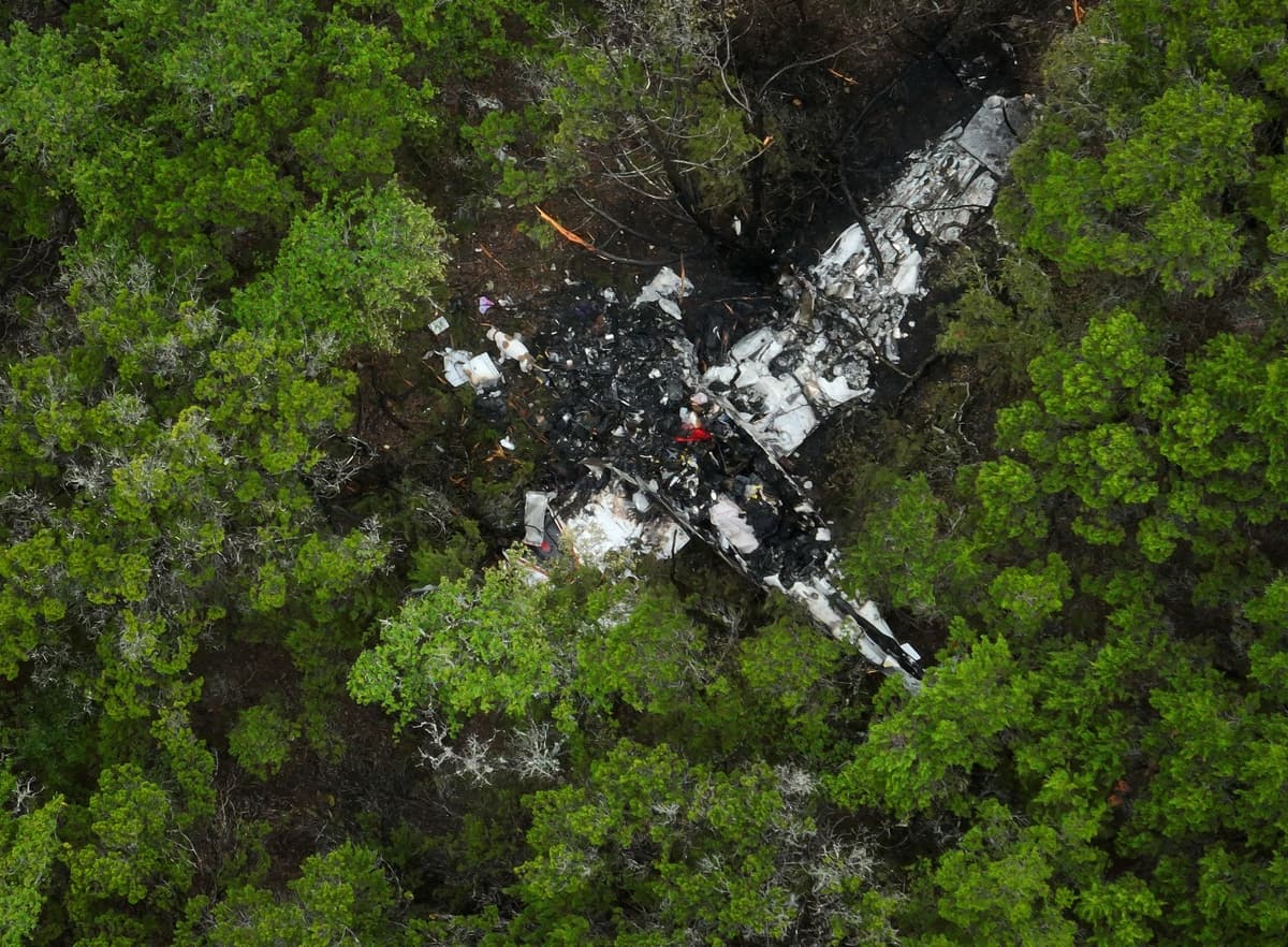 Un avión Cessna estrellado se ve en una zona boscosa en Round Rock Road en Wimberley, Texas, el viernes 1 de mayo de 2026. (Jay Janner/Austin American-Statesman vía AP)