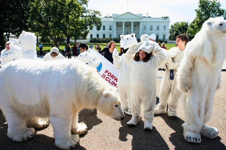 En esta fotografía de archivo, unos activistas se disfrazan de osos polares frente a la Casa Blanca para exigir medidas contra el cambio climático. (Brendan Smialowski/AFP/Getty Images).