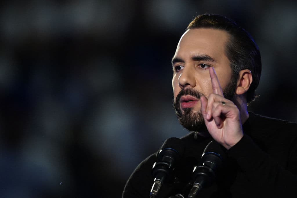 Imagen de archivo del presidente de El Salvador, Nayib Bukele, durante un discurso ante estudiantes en San Salvador. Foto de Marvin Recinos / AFP vía Getty Images