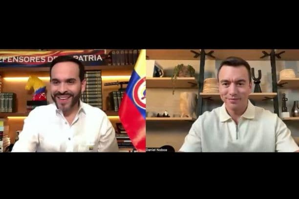 Fotografía difundida en la cuenta en X @DanielNoboaOk del presidente de Ecuador, Daniel Noboa (d), durante una videoconferencia con el candidato la presidencia de Colombia Abelardo de la Espriella este viernes. (EFE/ @DanielNoboaOk)