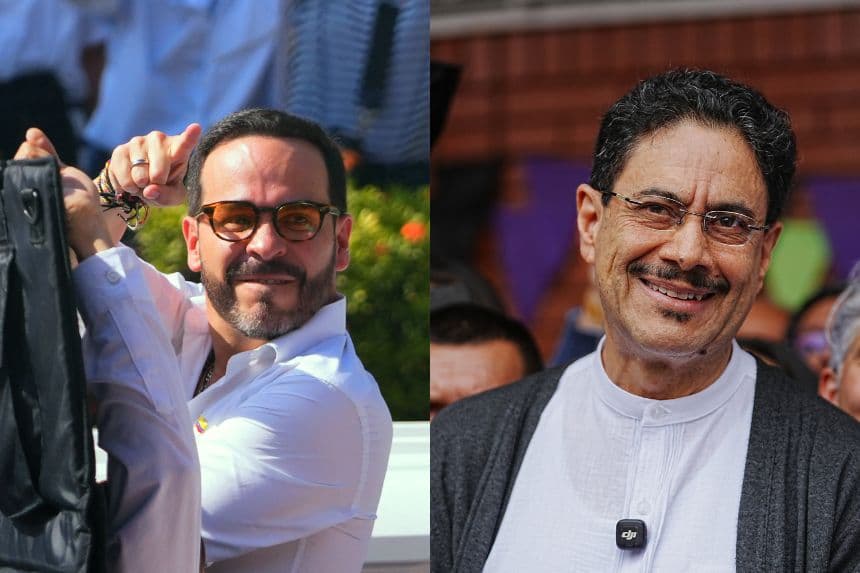 (D) El candidato presidencial colombiano Abelardo de la Espriella, del movimiento Salvadores de la Patria, saluda a sus seguidores tras votar en un centro de votación durante las elecciones presidenciales celebradas en Barranquilla, Colombia, el 31 de mayo de 2026. (Foto de Vanessa ROMERO / AFP vía Getty Images) (I) Iván Cepeda, candidato del partido Pacto Histórico, habla con los medios de comunicación tras emitir su voto en las elecciones presidenciales el 31 de mayo de 2026 en Bogotá, Colombia. (Foto de Andrés Rot/Getty Images)