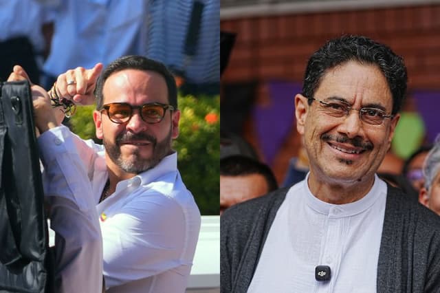 (D) El candidato presidencial colombiano Abelardo de la Espriella, del movimiento Salvadores de la Patria, saluda a sus seguidores tras votar en un centro de votación durante las elecciones presidenciales celebradas en Barranquilla, Colombia, el 31 de mayo de 2026. (Foto de Vanessa ROMERO / AFP vía Getty Images) (I) Iván Cepeda, candidato del partido Pacto Histórico, habla con los medios de comunicación tras emitir su voto en las elecciones presidenciales el 31 de mayo de 2026 en Bogotá, Colombia. (Foto de Andrés Rot/Getty Images)