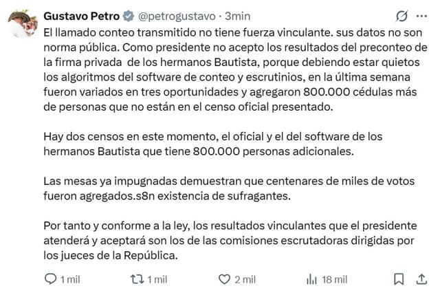 Petro cuestiona resultados que colocan a De la Espriella como el más votado