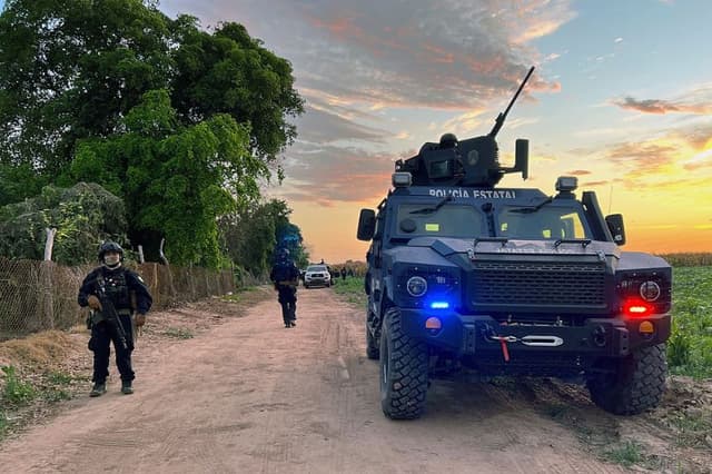 Agentes de la Policía Estatal patrullan durante una operación contra el crimen organizado en el campo agrícola de San Pedro, en el municipio de Navolato, estado de Sinaloa, México, el 25 de julio de 2025. (MARCOS VIZCARRA/AFP vía Getty Images)