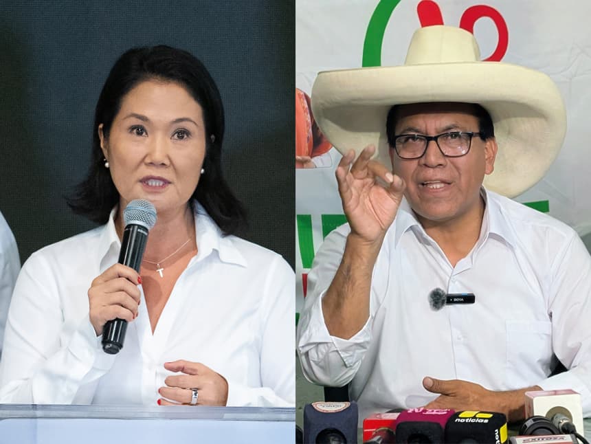 Combo de fotografías de archivo que muestra a los candidatos a la Presidencia de Perú, Keiko Fujimori (i) y Roberto Sánchez. (EFE/ Renato Pajuelo/ Fernando Gimeno)