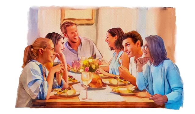 Tanto los anfitriones como los invitados contribuyen a crear el ambiente ideal para una cena en la que amigos, tanto nuevos como de toda la vida, puedan relacionarse, degustar una excelente comida y disfrutar de la compañía mutua. (Fei Meng)