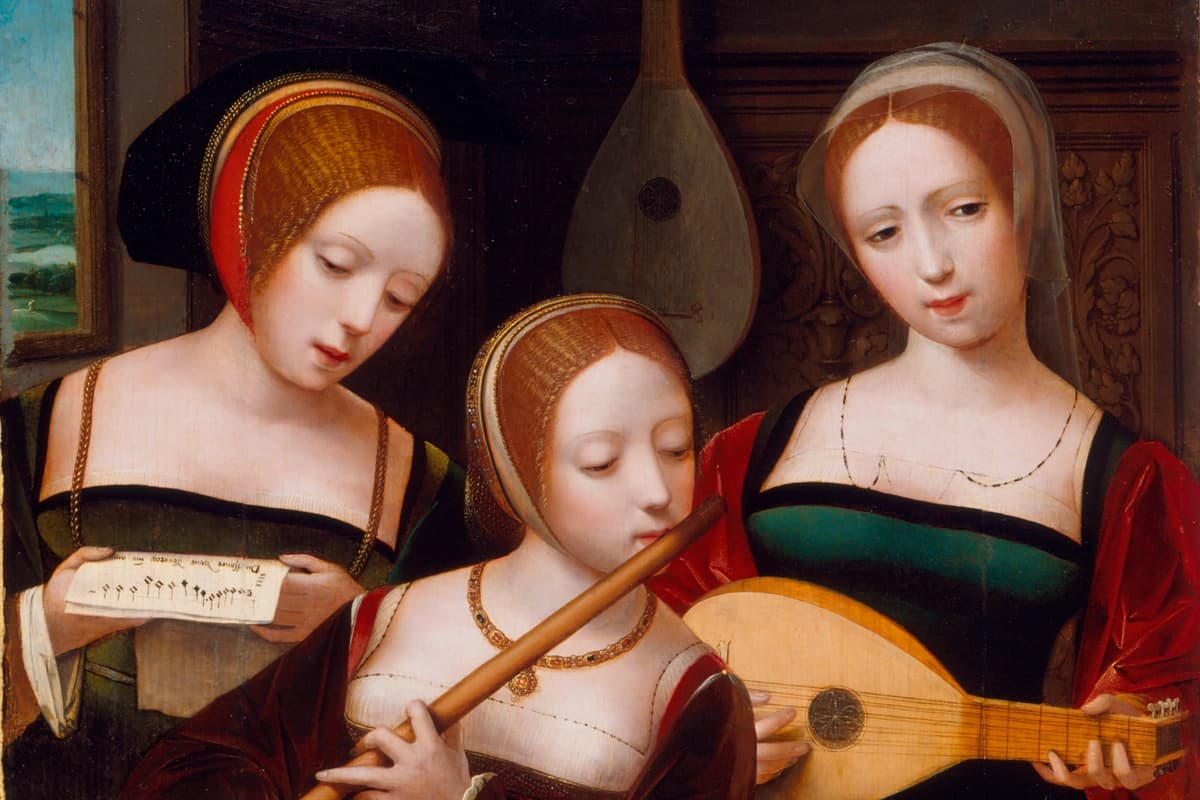 Detalle de "Los Tres músicos", hacia 1530, del Maestro de los retratos de medio cuerpo de mujeres. Museo de Arte del Condado de Los Ángeles. Derechos de autor: Museum Associates/LACMA