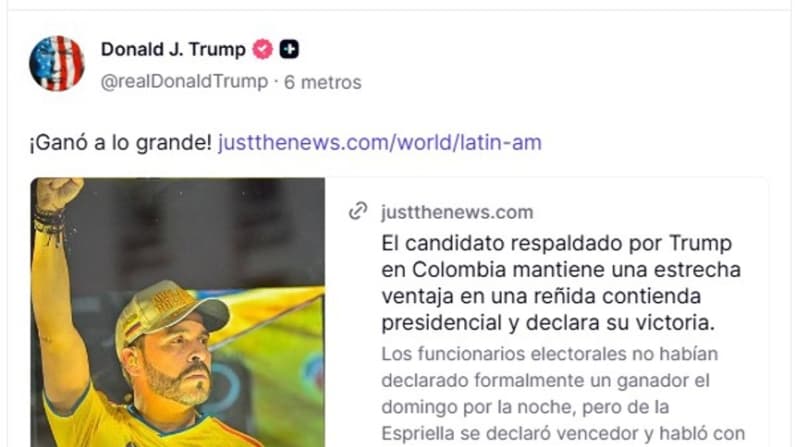 Trump celebra la victoria De la Espriella en la elección presidencial de Colombia: "Él ganó, ¡grande!"