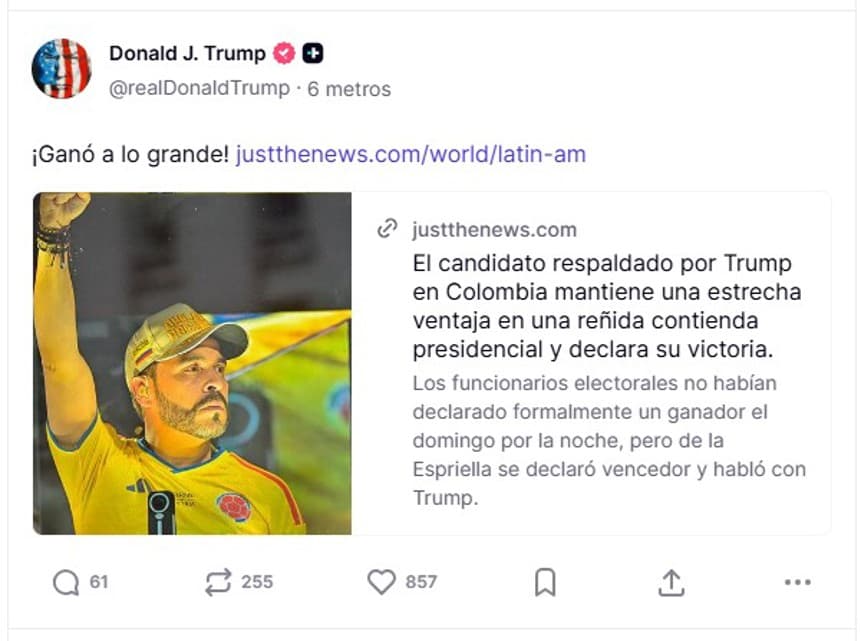 Captura de una publicación en la cuenta en Truth Social @realDonaldTrump del presidente de EE.UU., Donald Trump, donde celebra la victoria del ultraderechista Abelardo de la Espriella en las elecciones de Colombia con un "Él gano, ¡GRANDE!", que acompaña una noticia con los resultados preliminares que le dan el triunfo por delante del candidato de izquierda Iván Cepeda. (EFE/ @realDonaldTrump)