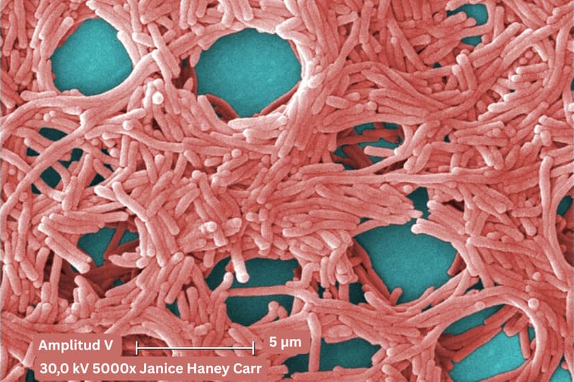 Micrografía electrónica de barrido (SEM) coloreada de la bacteria Legionella pneumophila. (Janice Haney Carr/CDC/Dominio público).