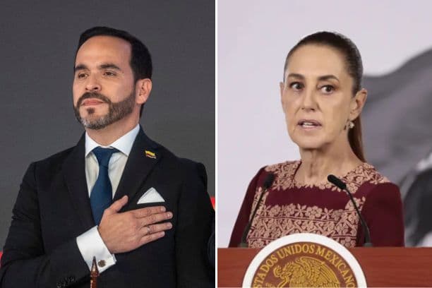 Izq: El presidente electo de Colombia, Abelardo de la Espriella permanece de pie mientras suena el himno nacional de Colombia durante el acto de certificación como nuevo presidente de Colombia, celebrado en Corferias Bogotá el 25 de junio de 2026 en Bogotá, Colombia; Der: La presidenta de México, Claudia Sheinbaum, habla durante una rueda de prensa este viernes 26 de junio, en el Palacio Nacional de Ciudad de México. (Diego Cuevas/Getty Images; EFE/José Méndez)