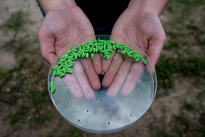 Un empleado del Departamento de Agricultura de Estados Unidos sostiene pupas estériles de la mosca del gusano barrenador durante una conferencia de prensa, el 11 de junio de 2026 en La Pryor, Texas. (Joel Angel Juárez/Getty Images)