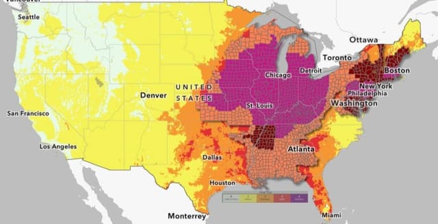 Un mapa publicado por el Servicio Meteorológico Nacional el 30 de junio de 2026 muestra los avisos relacionados con el calor en todo Estados Unidos. Las zonas en morado están bajo advertencias de calor extremo, mientras que las zonas en rojo oscuro están bajo alertas de calor extremo. Las zonas en naranja están bajo avisos de calor. (Servicio Meteorológico Nacional vía The Epoch Times)