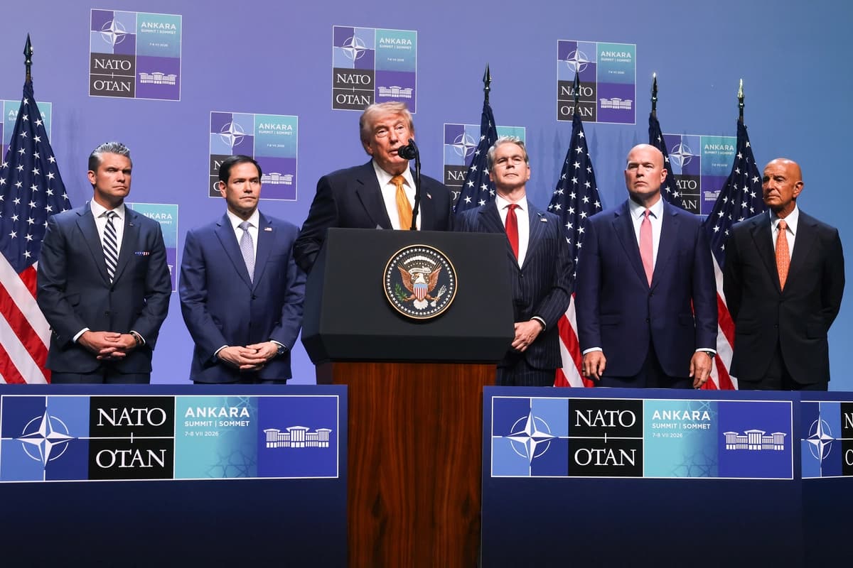 El presidente Donald Trump ofrece una rueda de prensa en el complejo presidencial de Bestepe durante la Cumbre de la OTAN en Ankara, Turquía, el 8 de julio de 2026. (Burak Kara/Getty Images).