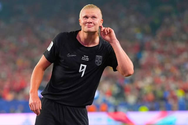 Erling Haaland (9), de Noruega, celebra tras marcar su tercer gol durante el partido del Grupo I de fútbol del Mundial entre Noruega y Senegal en East Rutherford, Nueva Jersey, cerca de Nueva York, el 22 de junio de 2026. (Foto AP/Steve Luciano).