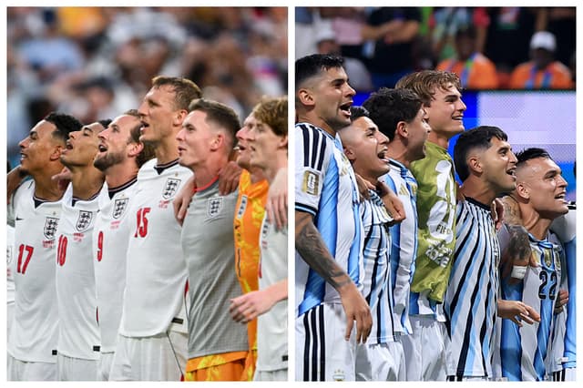 (I) El equipo de Inglaterra celebra tras ganar el partido de cuartos de final del Torneo Mundial de Fútbol de 2026 entre Noruega e Inglaterra, celebrado en el Miami Stadium de Miami Gardens el 11 de julio de 2026. (MAURO PIMENTEL / AFP vía Getty Images)(D) Argentina celebra la victoria por 3-2 durante el partido de octavos de final de la Copa Mundial de la FIFA 2026 entre Argentina y Egipto, celebrado en el Estadio de Atlanta el 7 de julio de 2026 en Atlanta, Georgia. (Elsa/Getty Images)