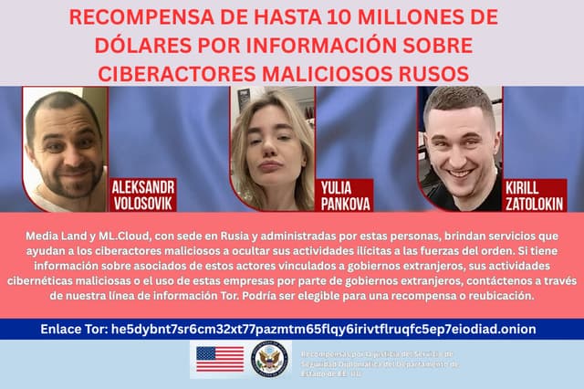 El Departamento de Estado de EE. UU. ofrece una recompensa de hasta 10 millones de dólares a cambio de información o de la ubicación de los cómplices de tres ciudadanos rusos sospechosos de coordinar ciberataques a gran escala contra empresas estadounidenses, lo que ha causado daños por valor de millones. (Cortesía del Departamento de Estado de EE. UU.).