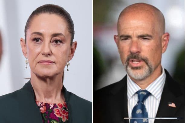 Izq: La presidenta de México, Claudia Sheinbaum, observa durante la rueda de prensa matutina en el Palacio Nacional el 28 de agosto de 2025 en la Ciudad de México, México. (Héctor Vivas/Getty Images) ; Der: El administrador de la Agencia Antidrogas (DEA), Terrance Cole, habla durante una entrevista televisiva frente a la Casa Blanca el 12 de agosto de 2025. (AP/Mark Schiefelbein, archivo)