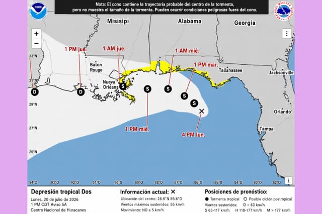 Trayectoria prevista de la depresión tropical que se espera se convierta en la tormenta tropical Bertha el 20 de julio de 2026. (NOAA/NHC/Captura de pantalla vía The Epoch Times).