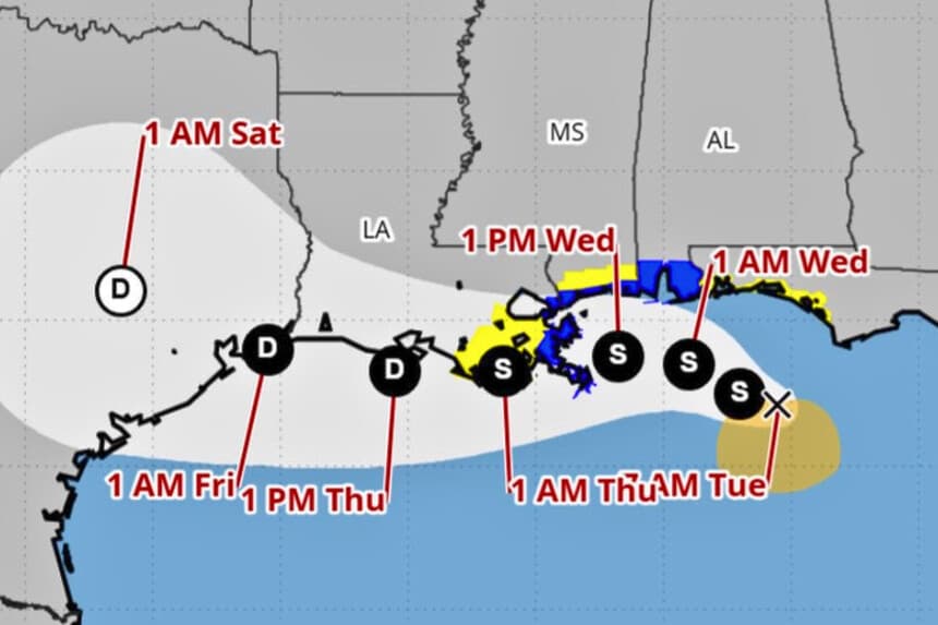 Según un mapa de pronóstico de la tormenta tropical Bertha emitido por Estados Unidos el 21 de julio de 2026, se mantiene vigente una advertencia de tormenta tropical, en azul, desde la frontera entre Alabama y Florida hasta la frontera de las parroquias de Jefferson y Plaquemines de Luisiana. (Centro Nacional de Huracanes).
