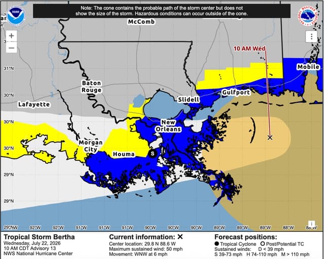 La trayectoria pronosticada de la tormenta tropical Bertha a las 10:00 a. m. (hora central) del 22 de julio de 2026. (Captura de pantalla/NOAA)