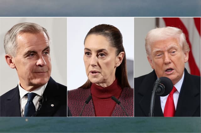 Combo de fotografías que muestra al primer ministro de Canadá, Mark Carney (i); la presidenta de México, Claudia Sheinbaum (c), y al presidente de Estados Unidos, Donald Trump. (EFE/ José Méndez/ Octavio Guzmán)