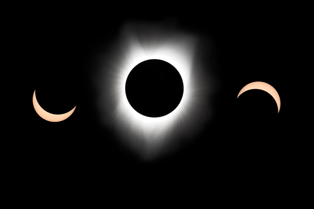 Una fotografía compuesta muestra las fases de un eclipse parcial y total. (Shutterstock/Stephan Rapp).