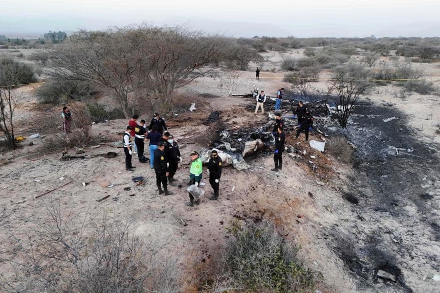 La policía inspecciona los restos de un avión que se estrelló durante un vuelo turístico sobre las Líneas de Nazca en Perú, el sábado 1 de agosto de 2026. (Foto AP/Genry Bautista)