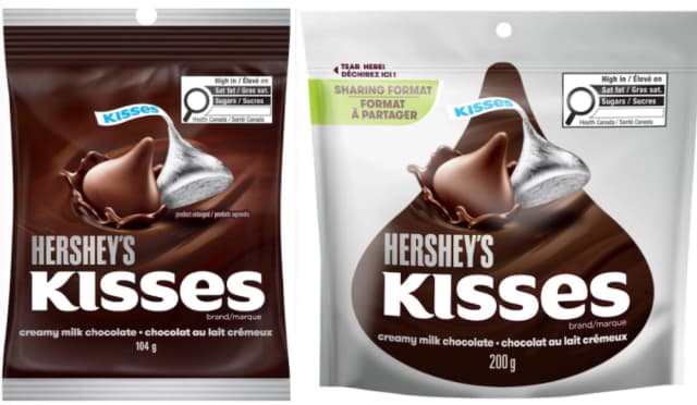 Hershey Canadá anunció el retiro voluntario del mercado de los productos Hershey's Kisses Creamy Milk Chocolate en bolsas de 200 y 104 gramos debido a la presencia de almendras no declaradas. (Foto proporcionada por la CFIA).