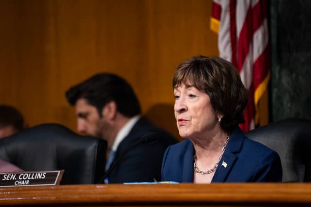 La senadora Susan Collins (R-Maine), presidenta del Comité de Asignaciones del Senado, pronuncia un discurso en Washington el 21 de julio de 2026. (Madalina Kilroy/The Epoch Times).