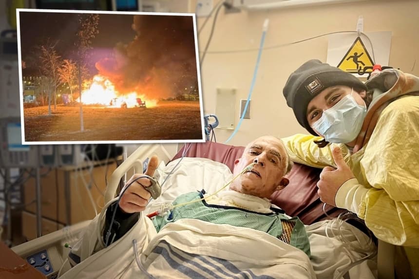 Zeke Fox y Shawn Goodwin, la víctima del incendio de la tienda de campaña a quien Fox rescató, posan juntos en el hospital. (Cortesía de Christine Fox); (Recuadro) El incendio de la tienda de campaña que ocurrió en Bayfront Park, en Hamilton, Ontario, el 5 de enero de 2025. (Cortesía de Christine Fox)