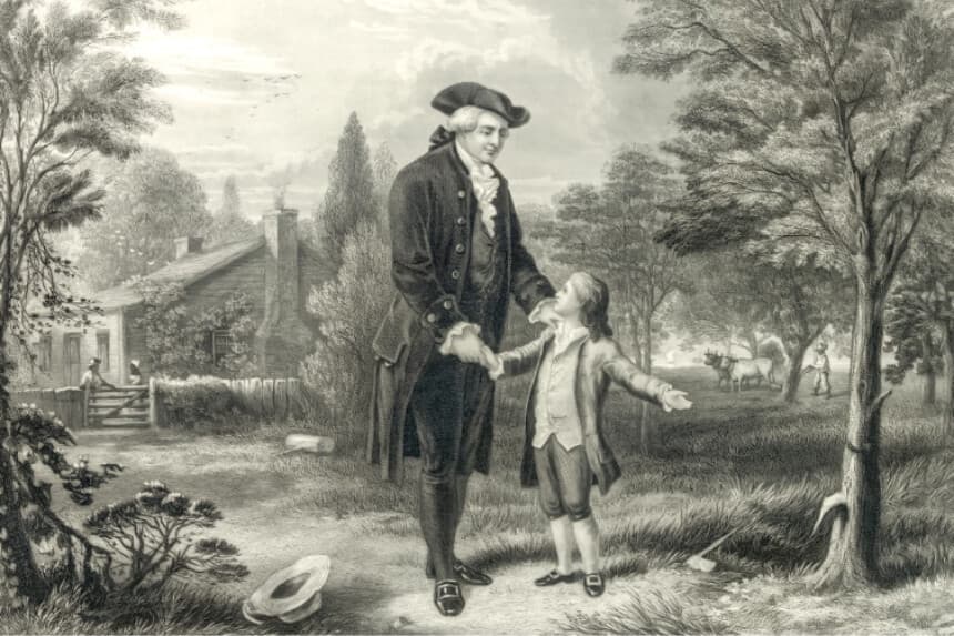 Grabado titulado "Padre, no puedo mentir: yo corté el árbol", de John C. McRae, que representa a George Washington, de 6 años, confesando a su padre que fue él quien dañó el cerezo. (Colección Everett/Shutterstock).