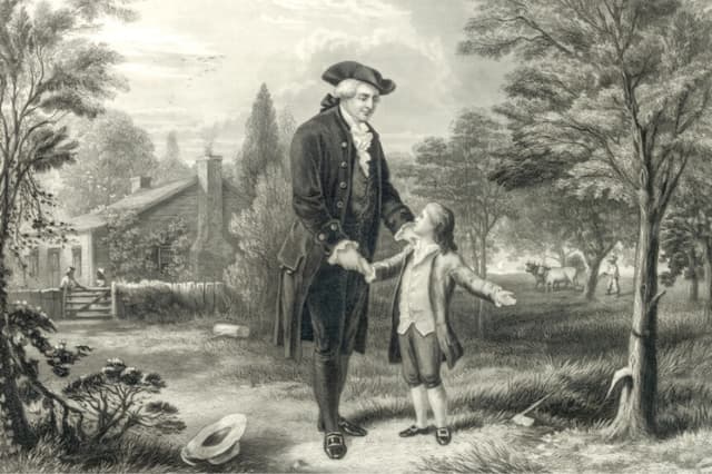 Grabado titulado "Padre, no puedo mentir: yo corté el árbol", de John C. McRae, que representa a George Washington, de 6 años, confesando a su padre que fue él quien dañó el cerezo. (Colección Everett/Shutterstock).